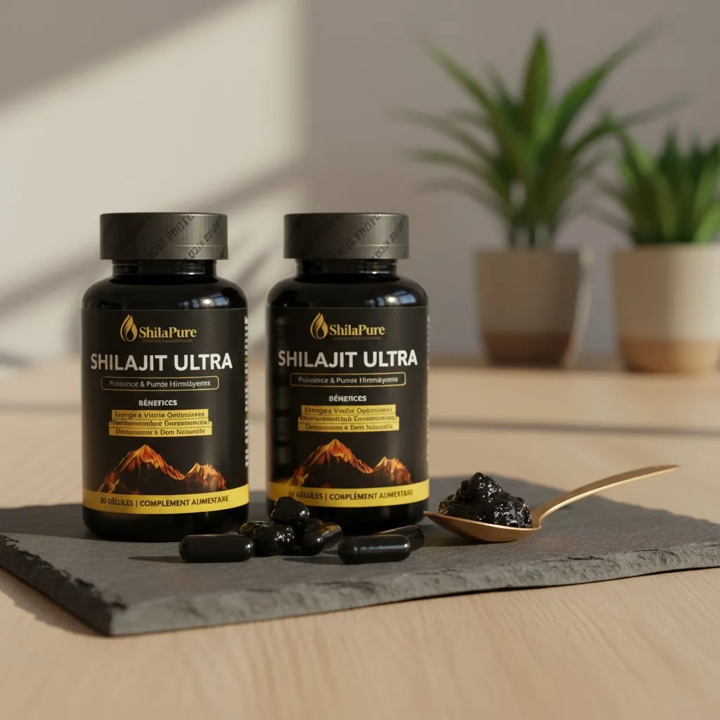 Deux flacons de Shilajit Ultra SHILAPURE avec des gélules et de la résine