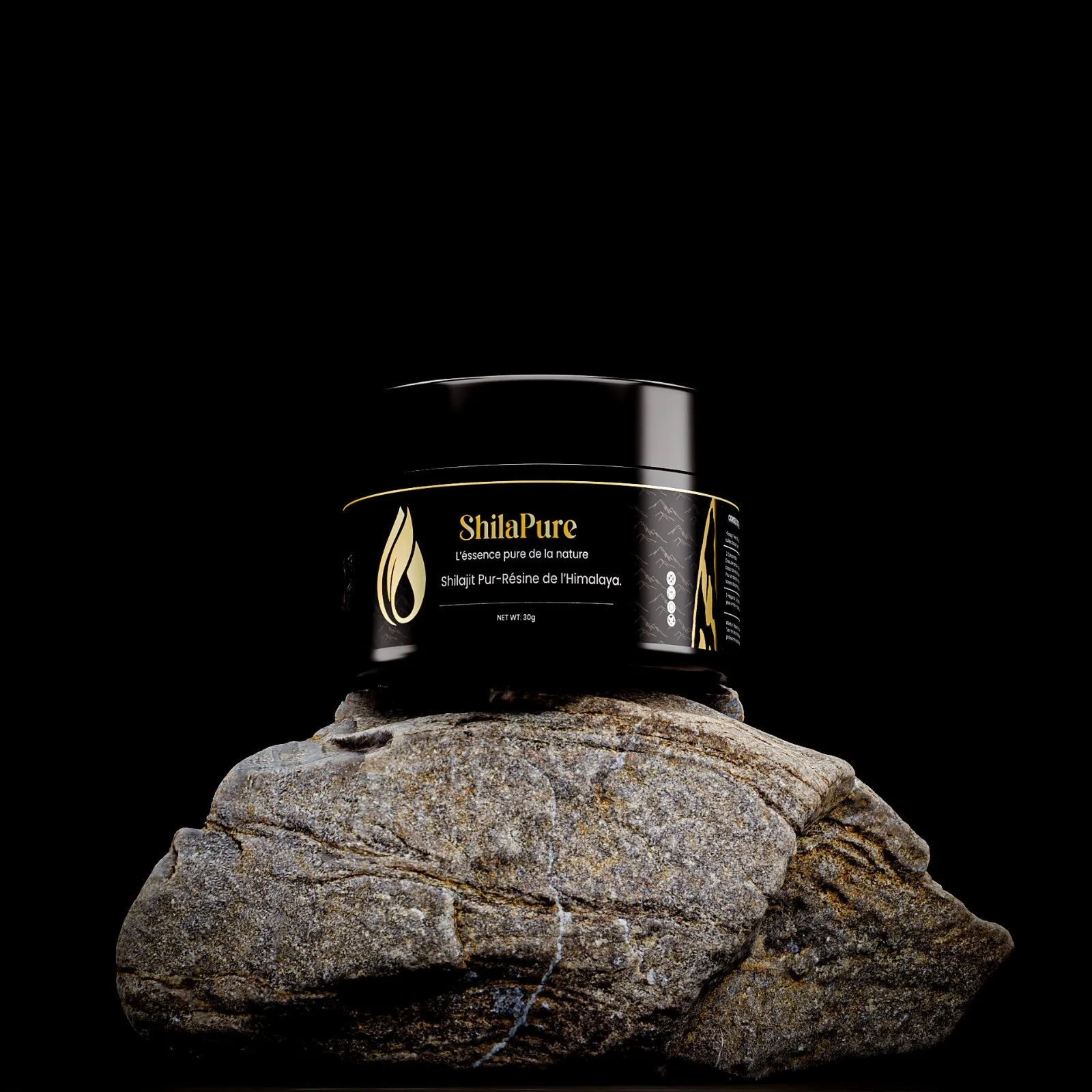 Pot de shilajit SHILAPURE posé sur une roche